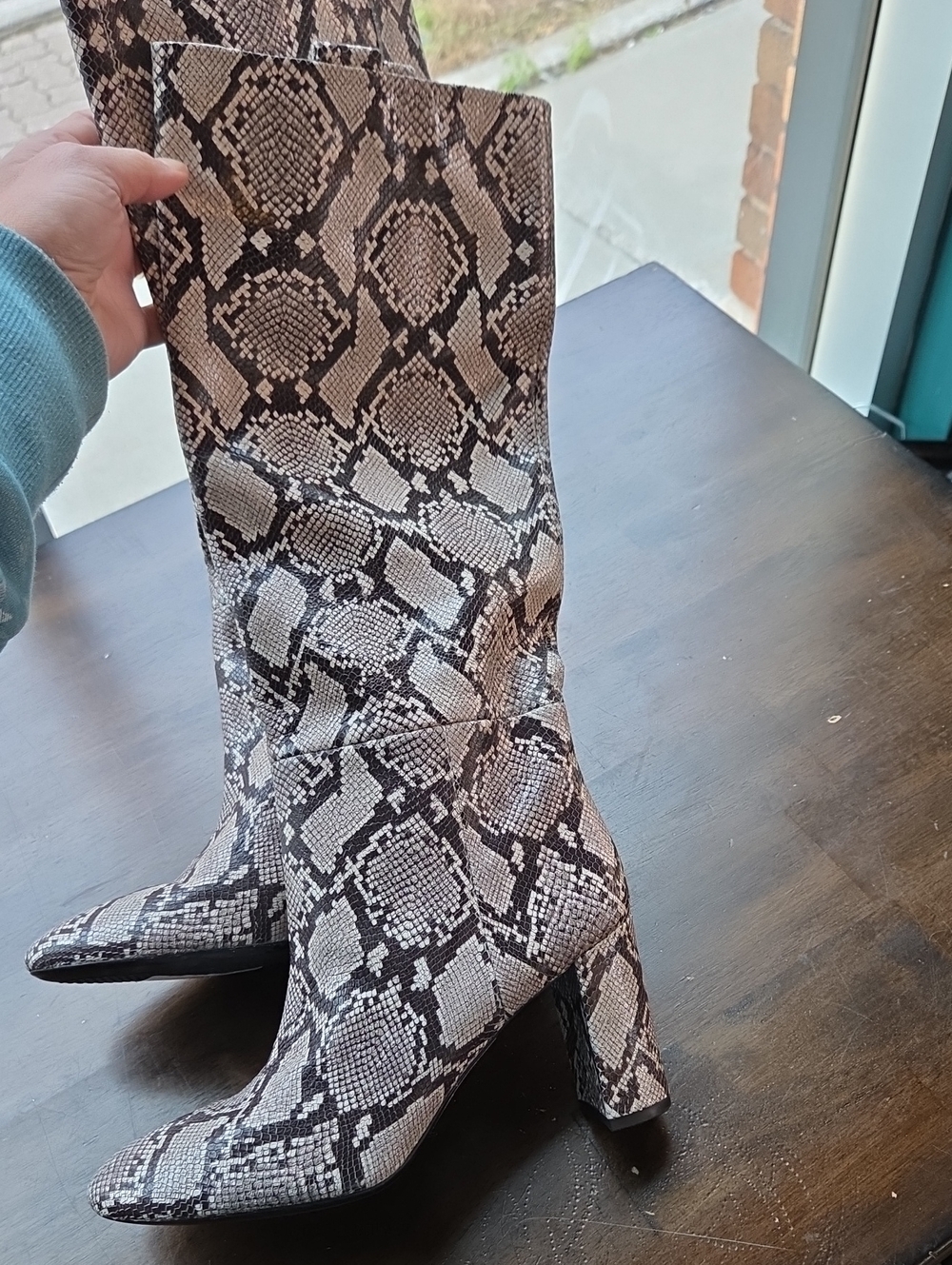 Geox Size EU 38  US 8 Knee-High Snake-Print Block Leather Heel Boots Gray/Brown